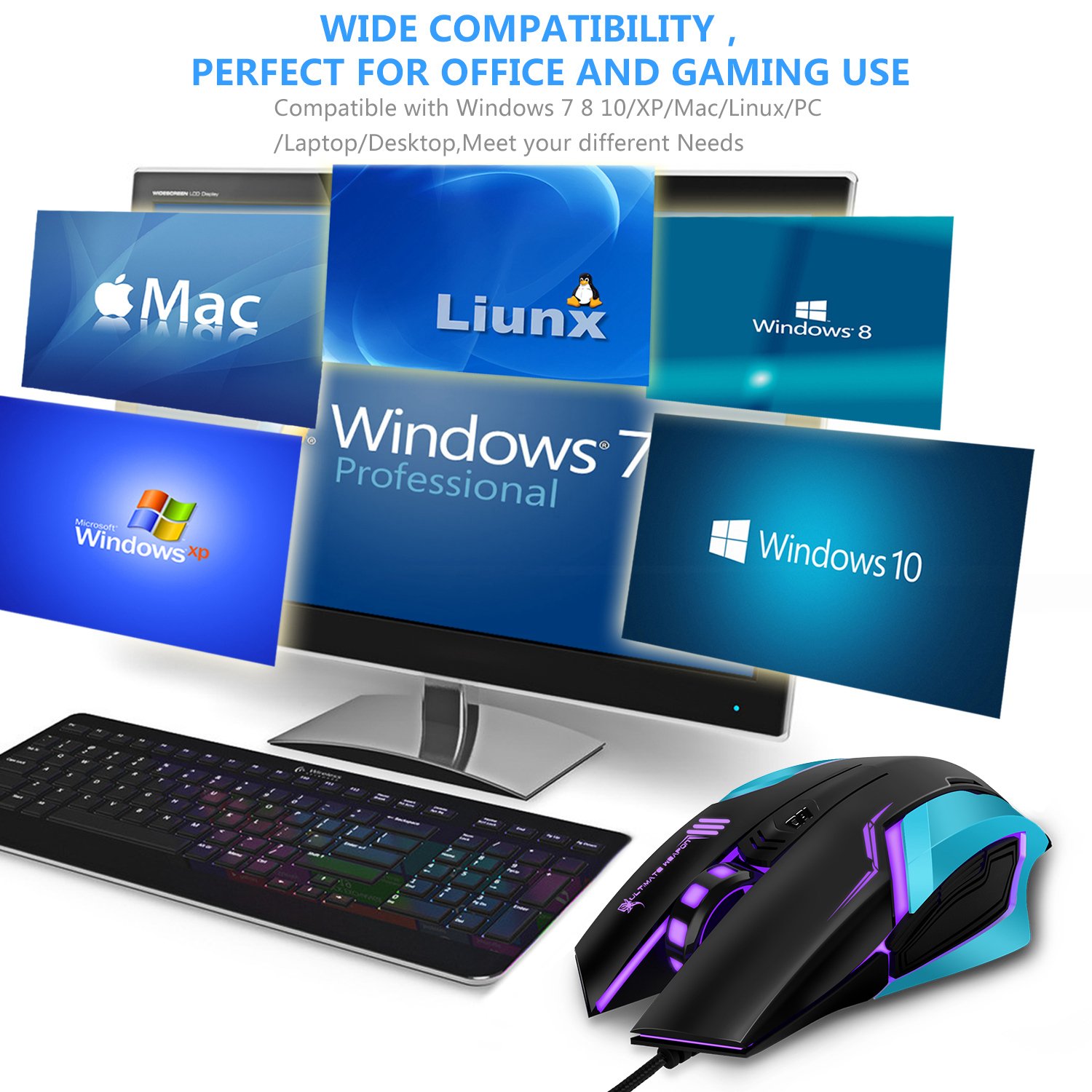 Gaming Mouse, LDesign 3200DPI Wired Gamer Mice ACC Optical Ergonomic with 4 Adjustable DPI Switch, 7-Color Breathing Light, High Accuracy Computer Mice Plug and Play (grey/silver)