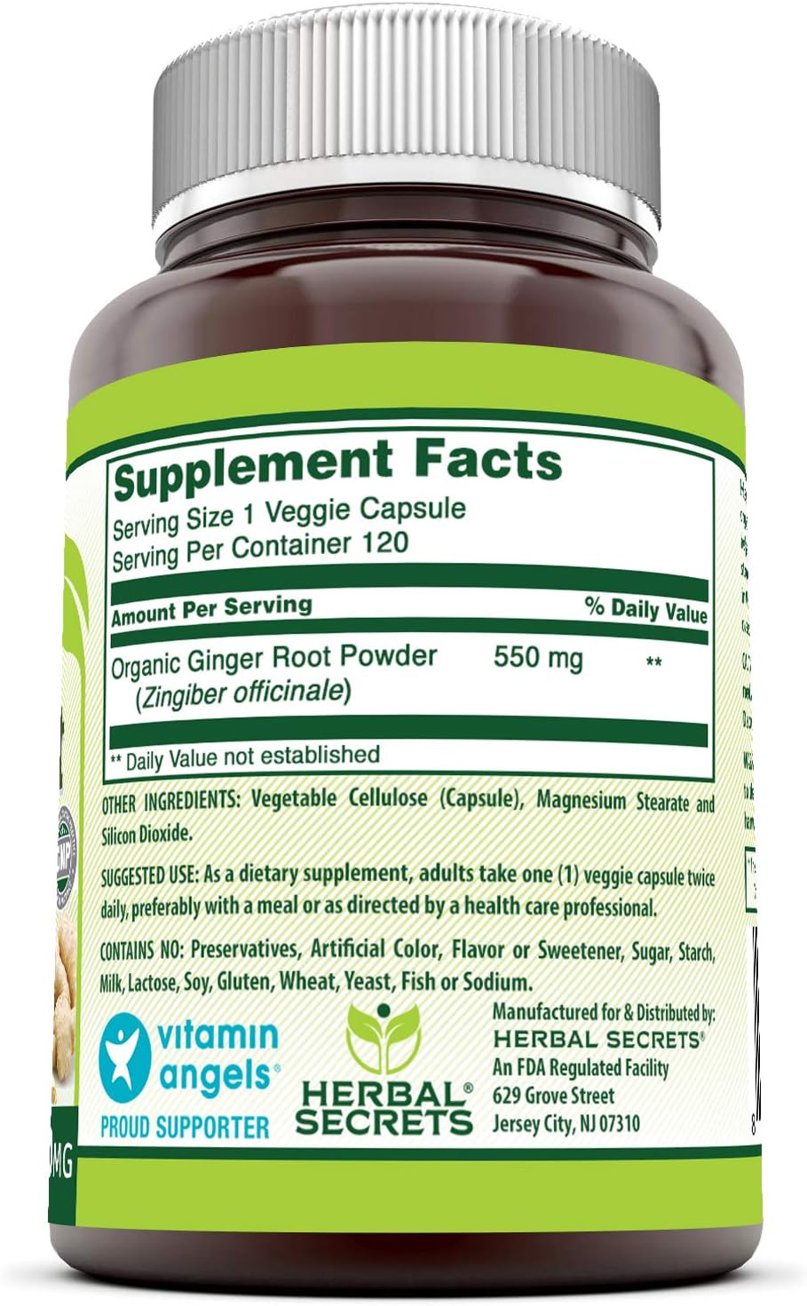 Herbal Secrets Ginger Root Supplement 550 Mg Capsules (Non-GMO) - Helps to Reduce Nausea, Supports Cardiovascular & Immune Function, Soothes Upset Stomach* (120 Veggie Capsules): Health & Personal Care