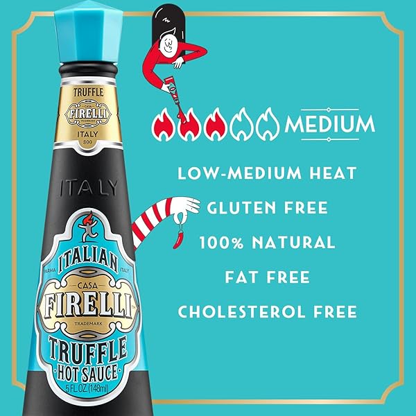 FIRELLI TRUFFLE HOT SAUCE | 5OZ BOTTLE (PACK OF 1) | ITALIAN HOT SAUCE PERFECT FOR TRUFFLE FRIES, SANDWICHES, PIZZA | GREAT FLAVOR, GLUTEN FREE, KETO, MADE IN ITALY WITH CALABRIAN CHILI PEPPERS