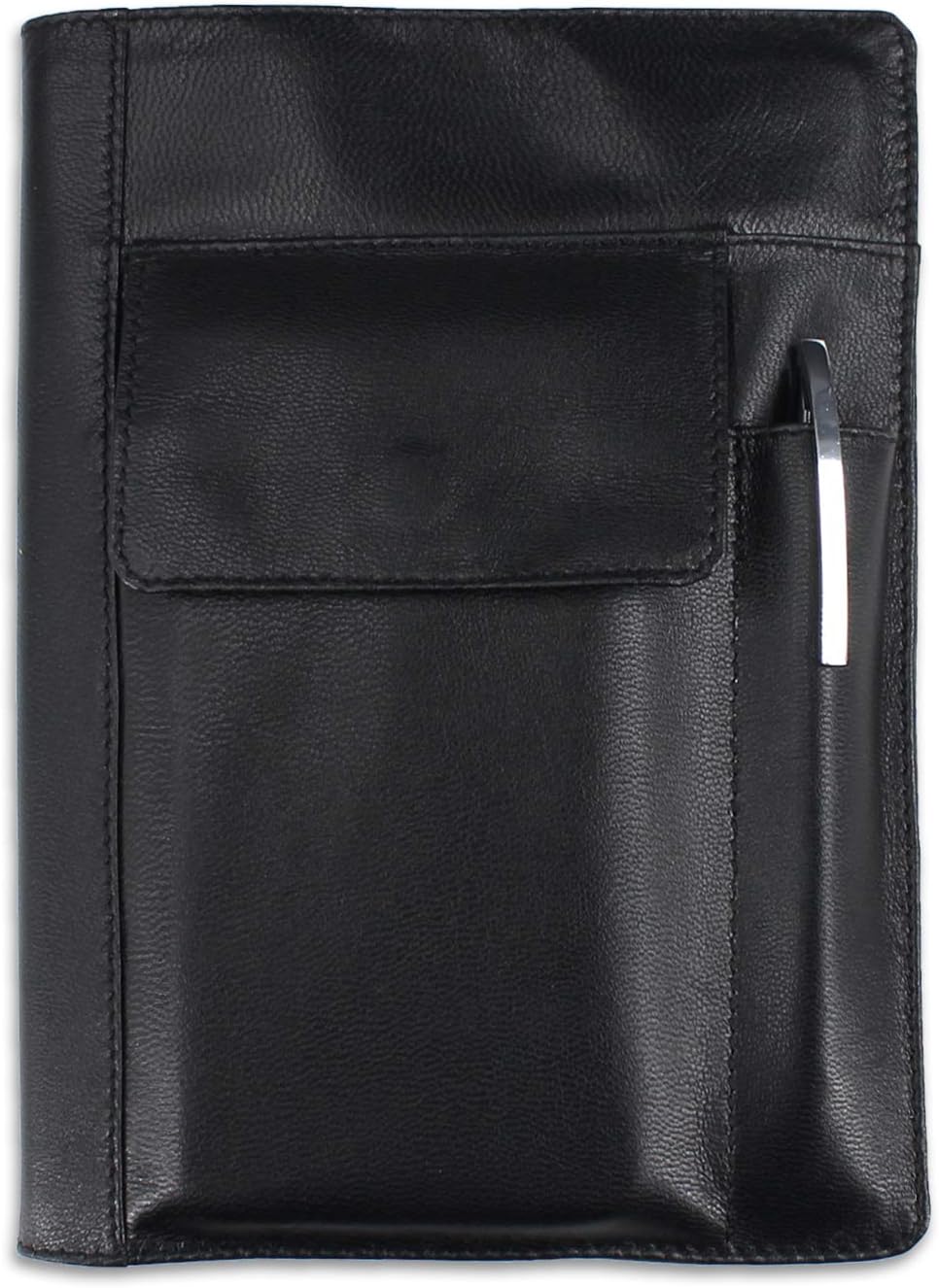 Refillable Leather A5 Notebook with Pen Pocket Traveler's Journal with Mobile Phone Pocket (Black)