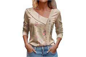 Attine Spring Going Out Tops for Women 2024 Cute Print T Shirts Long Sleeve V Neck Blouse Asymmetric Lapel Button Tees Shirts
