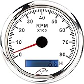 RACETECH 85mm 8000 RPM Electrical Tachometer - White Dial | 3-3/8", Hour Meter, 7 Color LED, Stainless Steel Rim, Waterproof, 12/24V, Tacho Filter Required