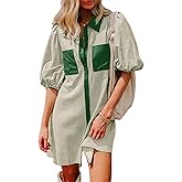 AlvaQ Women Dress Summer 2025 Casual V Neck Short Sleeve Button Down Striped Tunic Dresses with Pockets