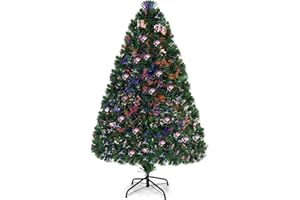 Goplus 4ft Pre-Lit Fiber Optic Christmas Tree, Artificial Lighted Xmas Full Tree with 125 Branch Tips, Colorful Lighting, Foldable Metal Base, for Home Office Decoration