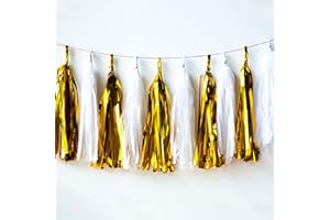 CC WONDERLAND ZONE Gold and White Tassel Garland,Paper Tassel Banner,Table Decor,White Gold Tissue Tassels Party Decor Supplies for Party,DIY Kits - (20 PCS)