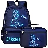 JIANYA Kids Backpack for School Boys, Basketball Themed Backpack with Lunch Box Elementary Kids School Bag Travel Back Pack for Boy, Blue
