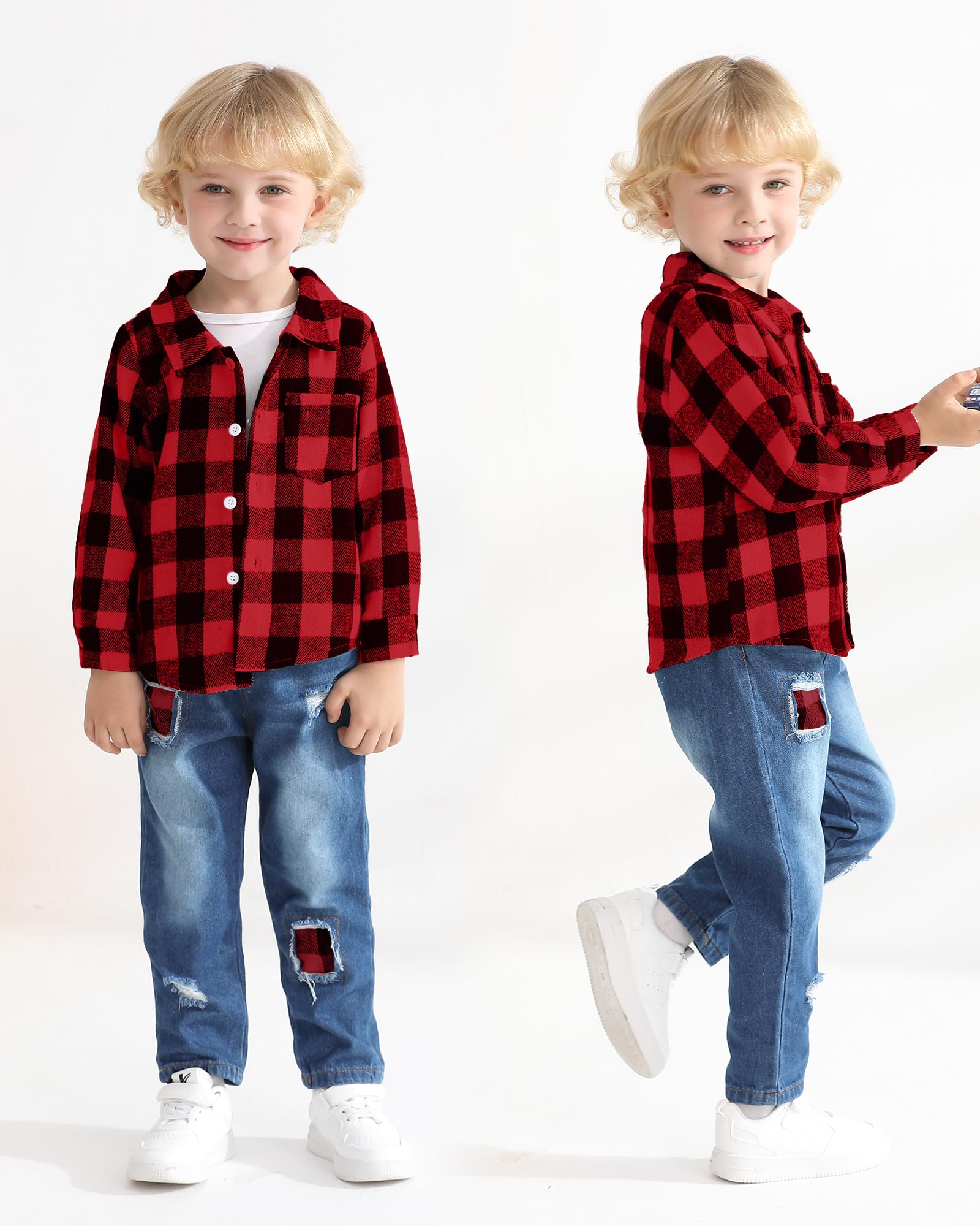 NZRVAWS Toddler Baby Boy Clothes Infant Plaid Pocket Shirt Denim Ripped Jean Pants Outfits Set 6-24 Months 2-5T