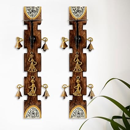 ExclusiveLane Dhokra and Warli Art Living Room Decorative Wall Candle Holder Set (8.4 cm x 15.2 cm x 30.5 cm, Brown, Set of 2)