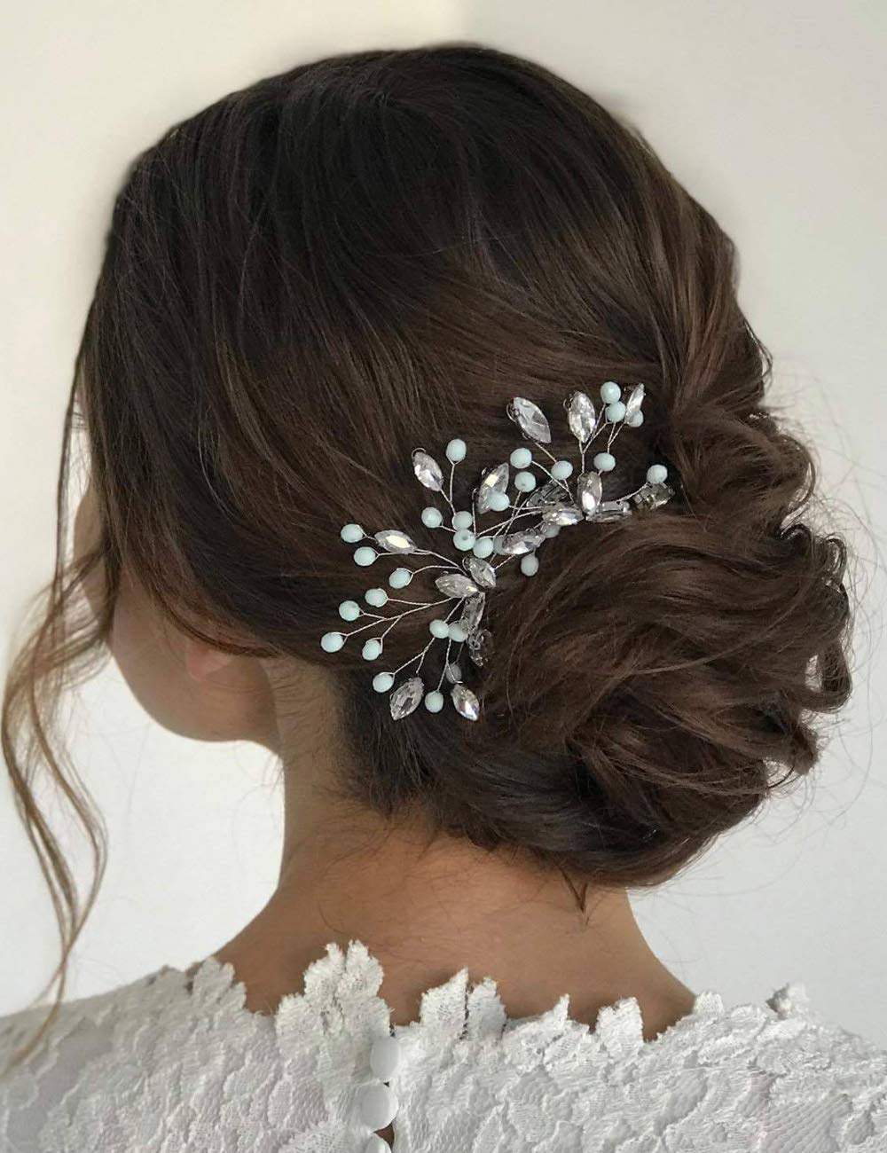 Anglacesmade Bridal Crystal Hair Pins Blue Opal Hair Pin Set of 2 Wedding Headpiece Bridesmaid Prom Party Festival Hair Jewelry for Women and Girls (Silver)