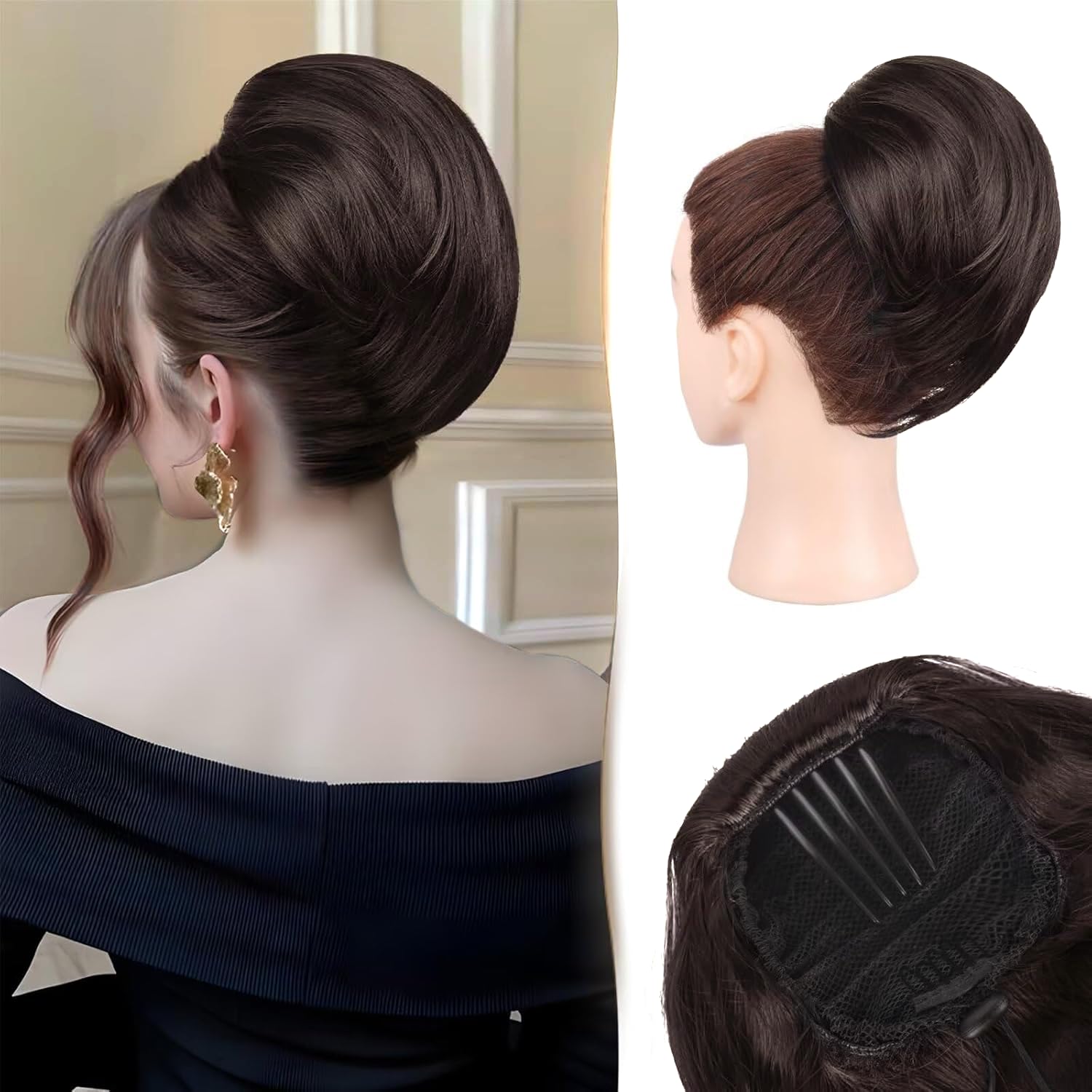 PORSMEER Dark Brown Hair Bun Ponytail Extension,Short Straight Synthetic Hairpiece Drawstring Ponytail Bun Extensions with Comb Clip in Fake Pony Tails Hairpieces for Women Daily Party