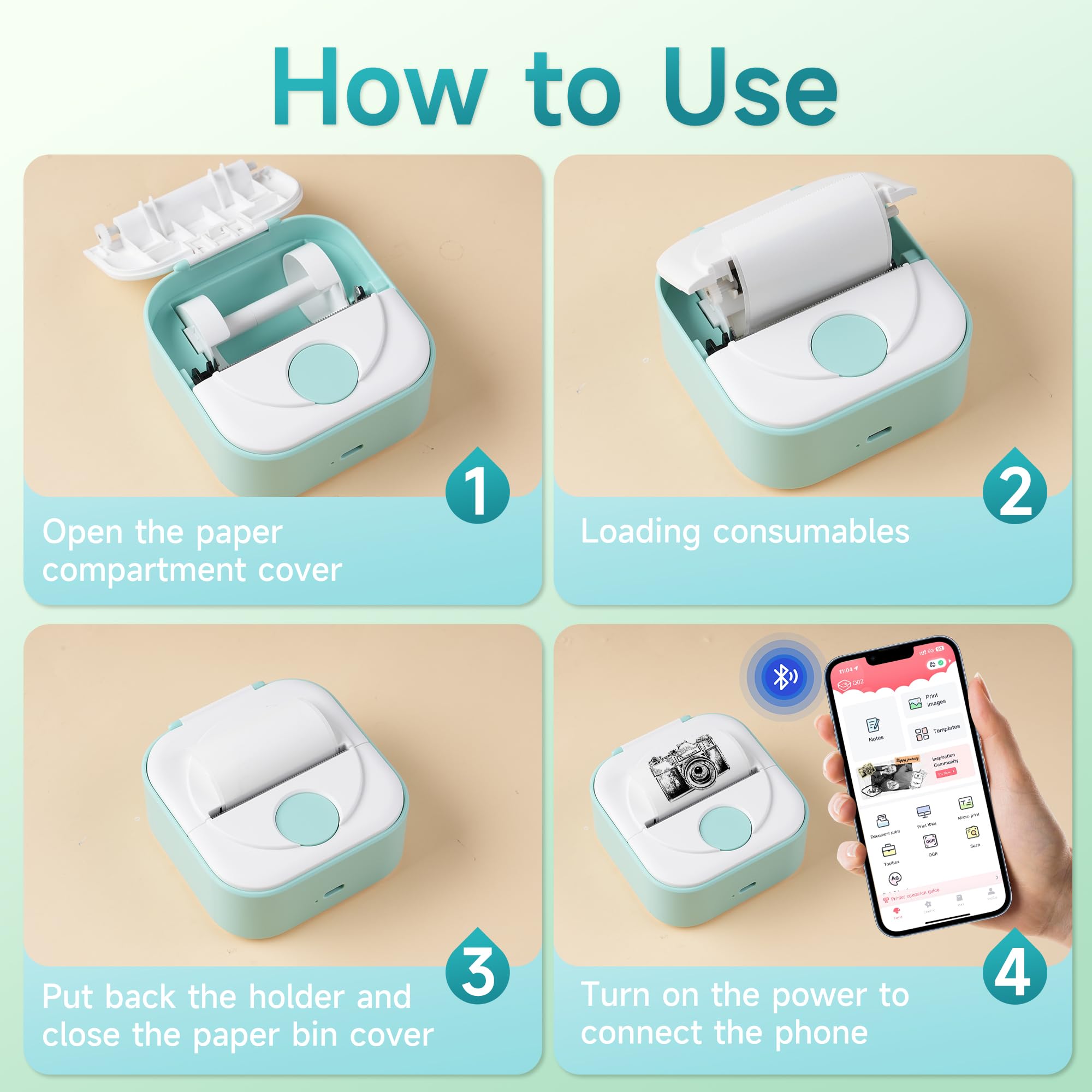 Phomemo Q02 Mini Drucker, Tiny Printer für Studium, Notizen, Bilder, Fotos, Tagebücher, Heimwerken, Sticker Drucker Kompatibel mit Telefon & Tablet, Handy Druckers mit 3 Rollen Papier, Grün 7