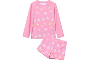 Ewbob 2 Piece Girls Rash Guard Set Long Sleeves Swimsuit Quick Dry Swimwear Beach Shorts Summer Bathing Suits for 3-12 Years