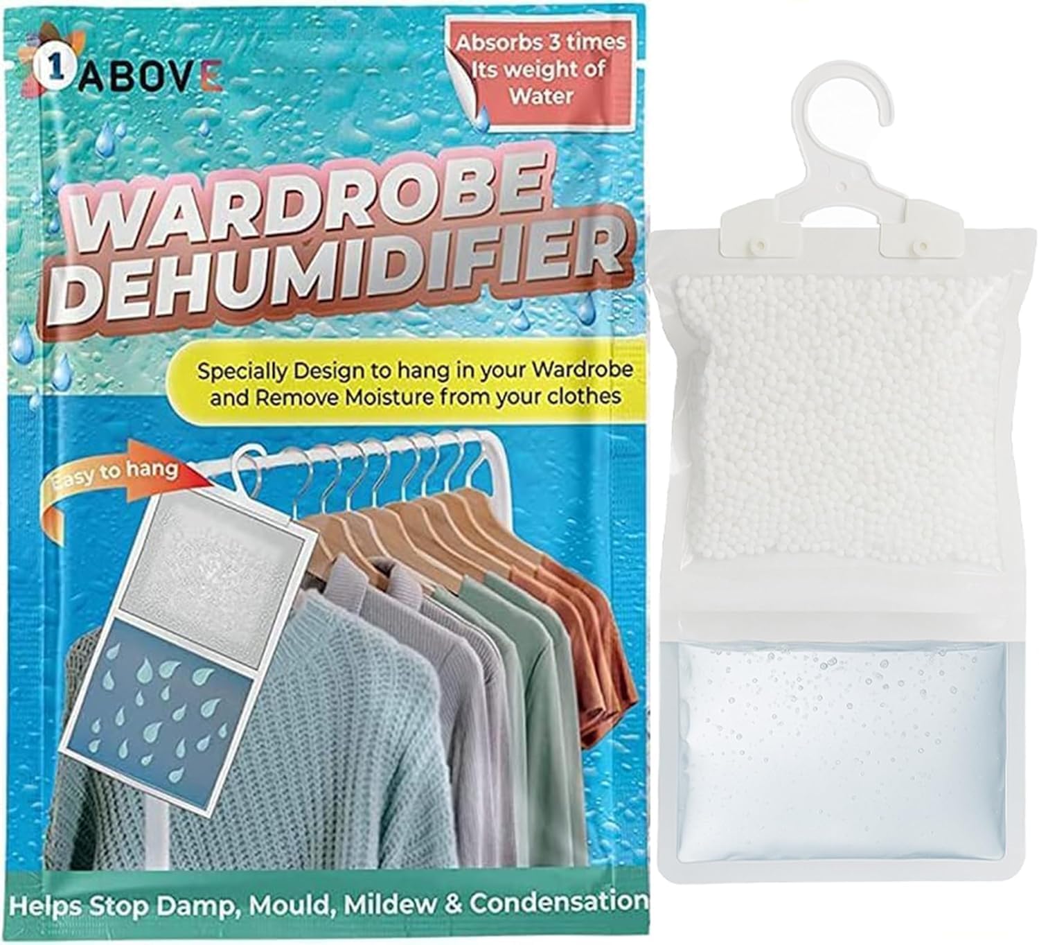 1ABOVE PACK OF 5 Hanging Wardrobe Dehumidifier, Condensation Remover, Moisture Absorber, Dehumidifiers for Damp, Mould, Moisture in Wardrobe, Bedroom, Caravan, Bathroom, Basement - 210 g