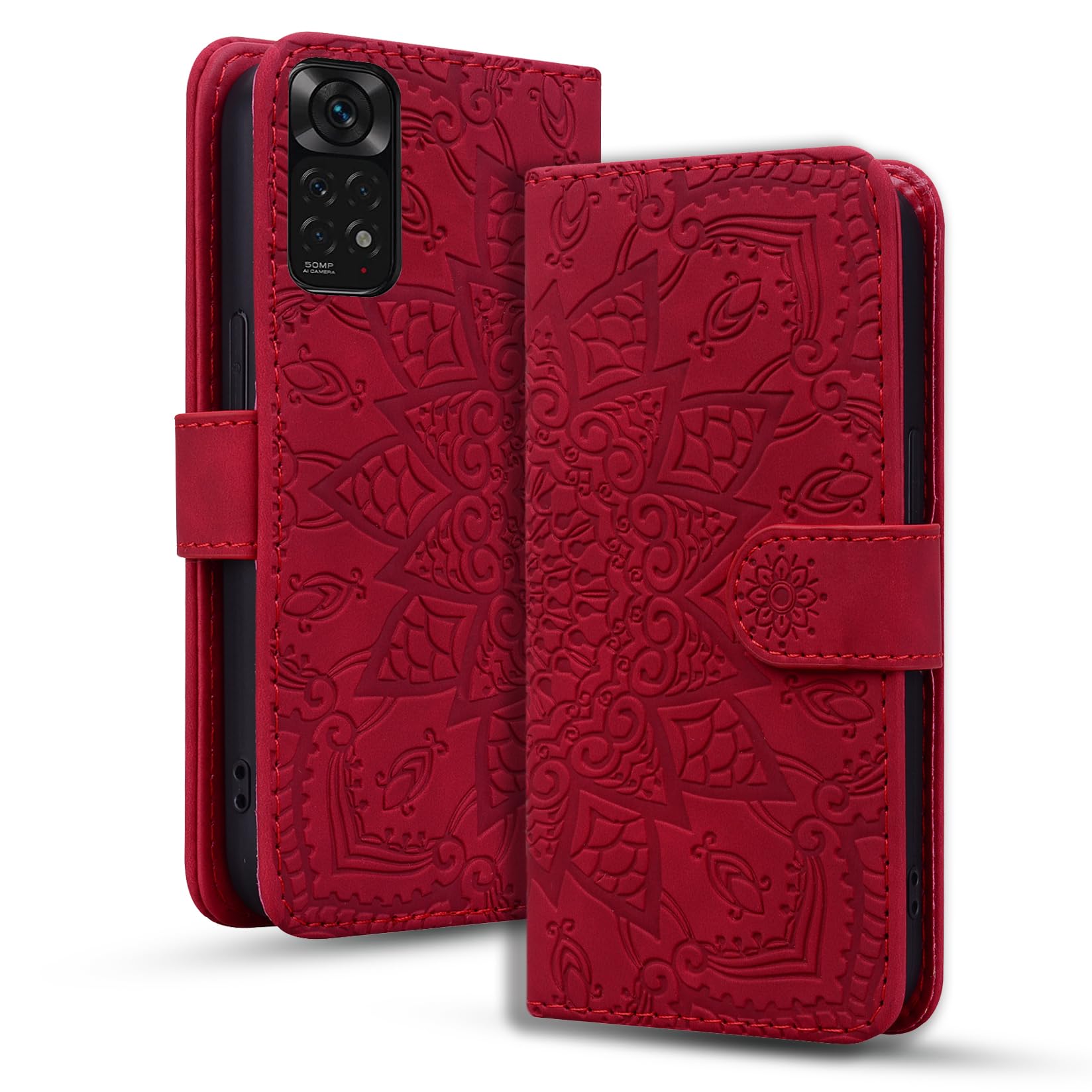 Rosbtib Mobile Case for Xiaomi Redmi Note 11/ 11S Premium PU Leather Case with Magnetic Closure Stand Function Flip Cover Mandala Embossing Xiaomi Redmi Note 11/ 11S - Red