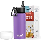 Mollcity Water Bottle 16 oz Stainless Steel Double Wall Vacuum Insulated Wide Mouth Water Bottle for School-Metal Leak-Proof Travel Water Flask with Straw(Purple)