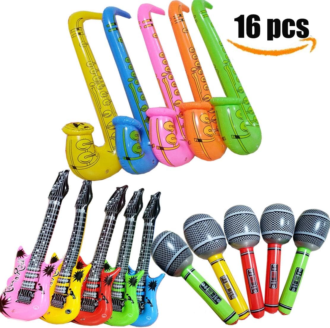 DIY House 16PCS Inflatables Saxophone Microphone Guitar Props Balloons Party Supplies Musical Instruments Accessories Toys for Party Favors with Pump