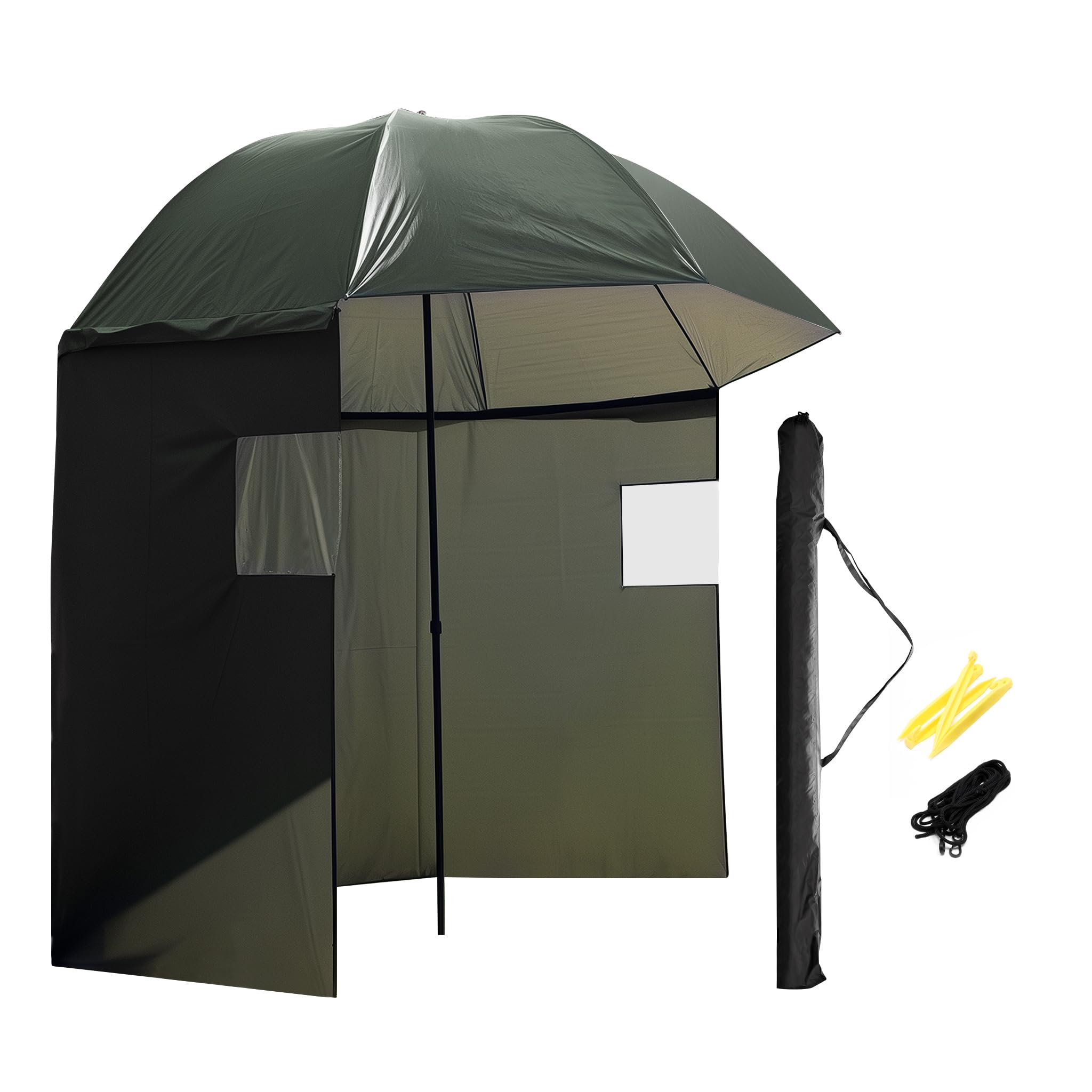 Wiltec Angelschirm 250cm mit Seitenwand und zwei Sichtfenstern Schirmzelt als Windschutz beim Angeln Regenschirm Angel Schirm Zelt Sonnenschirm