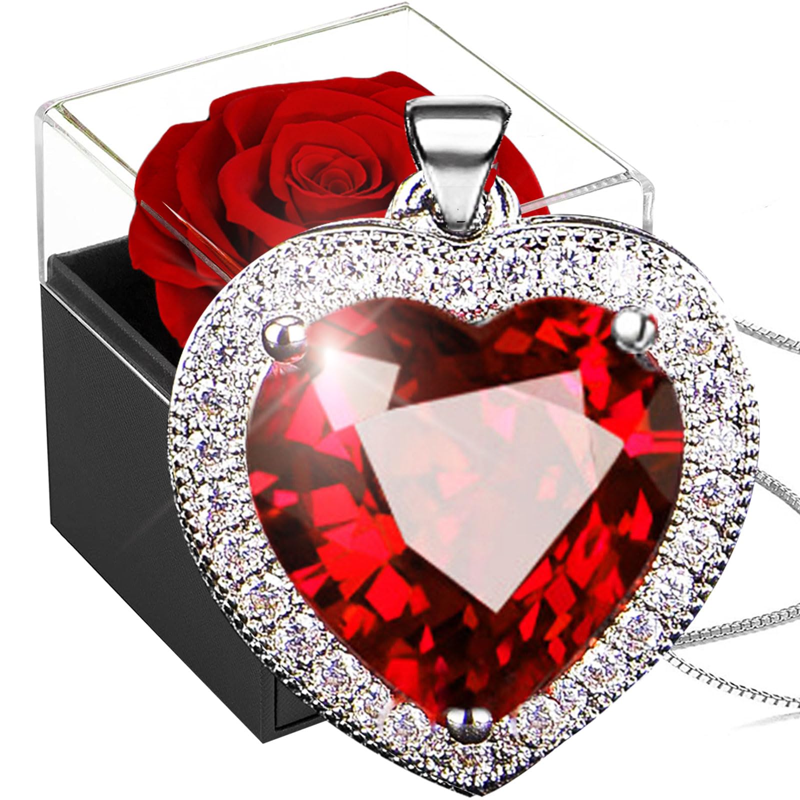 Preserved Real Rose with Crystal Necklace,Forever Red Rose with Women Heart Necklace,925 Sterling Silver Ruby Birthstone Pendant in Eternal Rosebox,Infinity Gift for Her On Christmas valentine