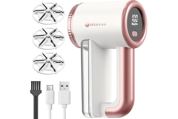 WiredLux Rechargeable Fabric Shaver - Electric Lint Remover for Clothes & Couch - Adjustable 3-Speed, 6-Leaf Blade, LED Displ