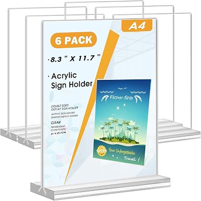 Flow fire A4 Acrylic Sign Holder 6 Pack T-Shape Menu Display Stand