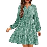 YOVION Girls Long Sleeve Dress Fall Floral V Neck Tiered Ruffle Holiday Party Mini Dresses with Pockets for 6-12 Y
