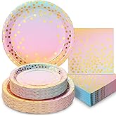 Boocikey 150PCS Pastel Rainbow Plates and Napkins Party Supplies Golden Dot Pastel Paper Plates Disposable for 50 Guests Rainbow Party Decorations for Girl Birthday Decorations