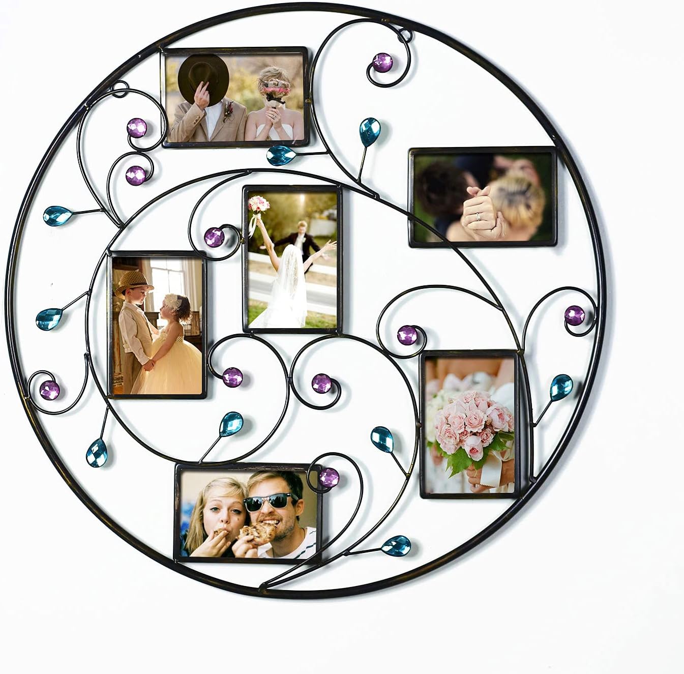 Adeco Metal Picture Frames Collage 4x6 with Rose Pink / Turquoise Crystals, 6 Openings Black Metal Wall Hanging Family Wedding Photo Frame Decor,Round