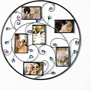 Adeco Metal Picture Frames Collage 4x6 with Rose Pink / Turquoise Crystals, 6 Openings Black Metal Wall Hanging Family Wedding Photo Frame Decor,Round