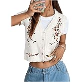 GORGLITTER Women's Flower Embroideried Boho Sweater Vest Sleeveless Fall Vintage Crochet Cardigan Khaki Small