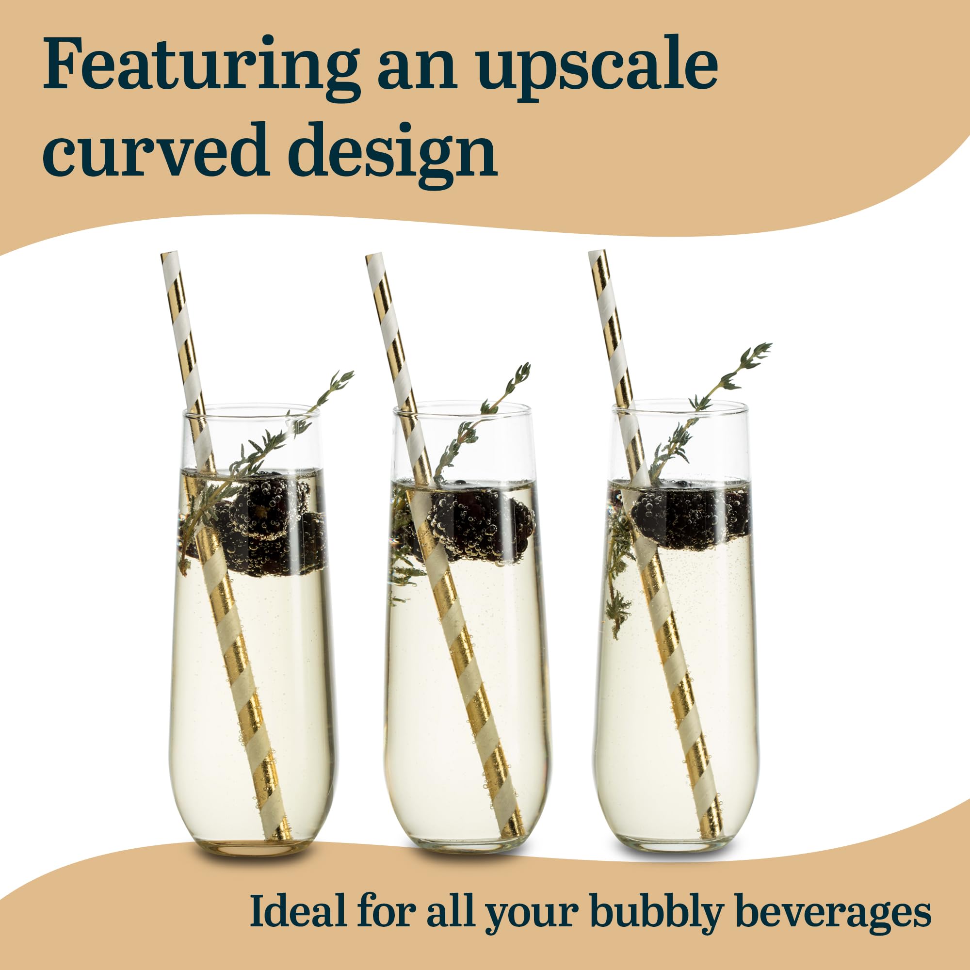 Libbey 228 Stemless Champagne Flutes Glass, 8.5 Oz 12 Piece Elegant Fluted Glassware, Clear Flutes Champagne Glass