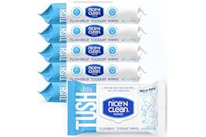 Nice 'N CLEAN Flushable Toddler Wipes 42ct (6-Pack) | 100% Plant-Based, Unscented Wet Wipes for Sensitive Skin | Potty Training Essentials | Flushable Baby Wipes for All Ages