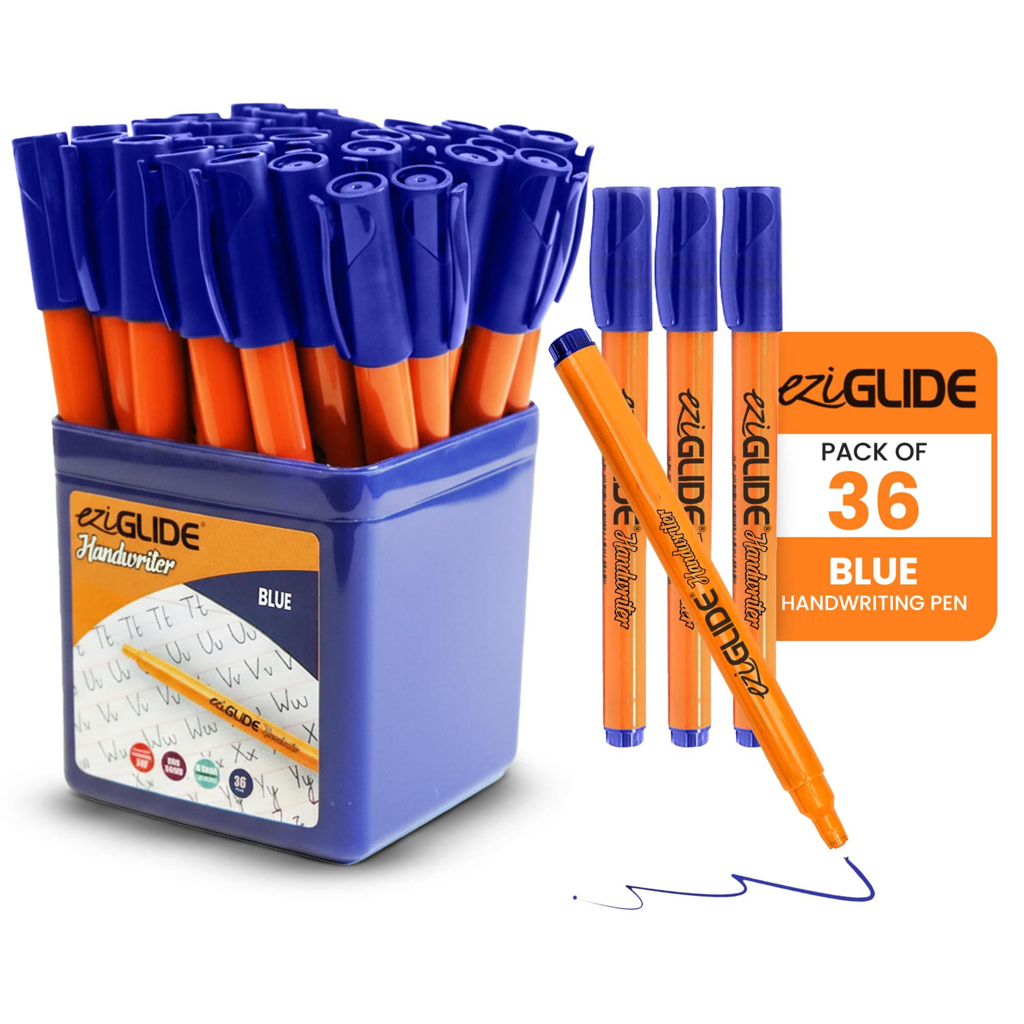 Eziglide Handwriting Pen Classpack Blue, Pen Pot of 36 Hand Writing Pens, hard-wearing polyacetal tip to give smooth effortless writing for both right and left handed