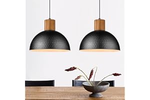 ELYONA 2 Pack Hammered Pendant Lights, 12" Industrial Metal Dome Hanging Lamp, Solid Wood Pendant Light Fixtures for Kitchen Island, Bar, Farmhouse, Dining Room, Bedroom, Hallway, Black
