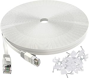 Cat 6 Ethernet Cable 100 ft Flat White, Slim Long Internet Network Lan patch cords, Solid Cat6 High Speed Computer wire with clips & Rj45 Connectors for Router, modem, faster than Cat5e/Cat5, 100 feet