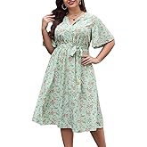Keluummi Plus Size Summer Midi Dresses for Curvy Women, Casual Floral V Neck Empire Waist A Line Dress with Sleeve and Pocket