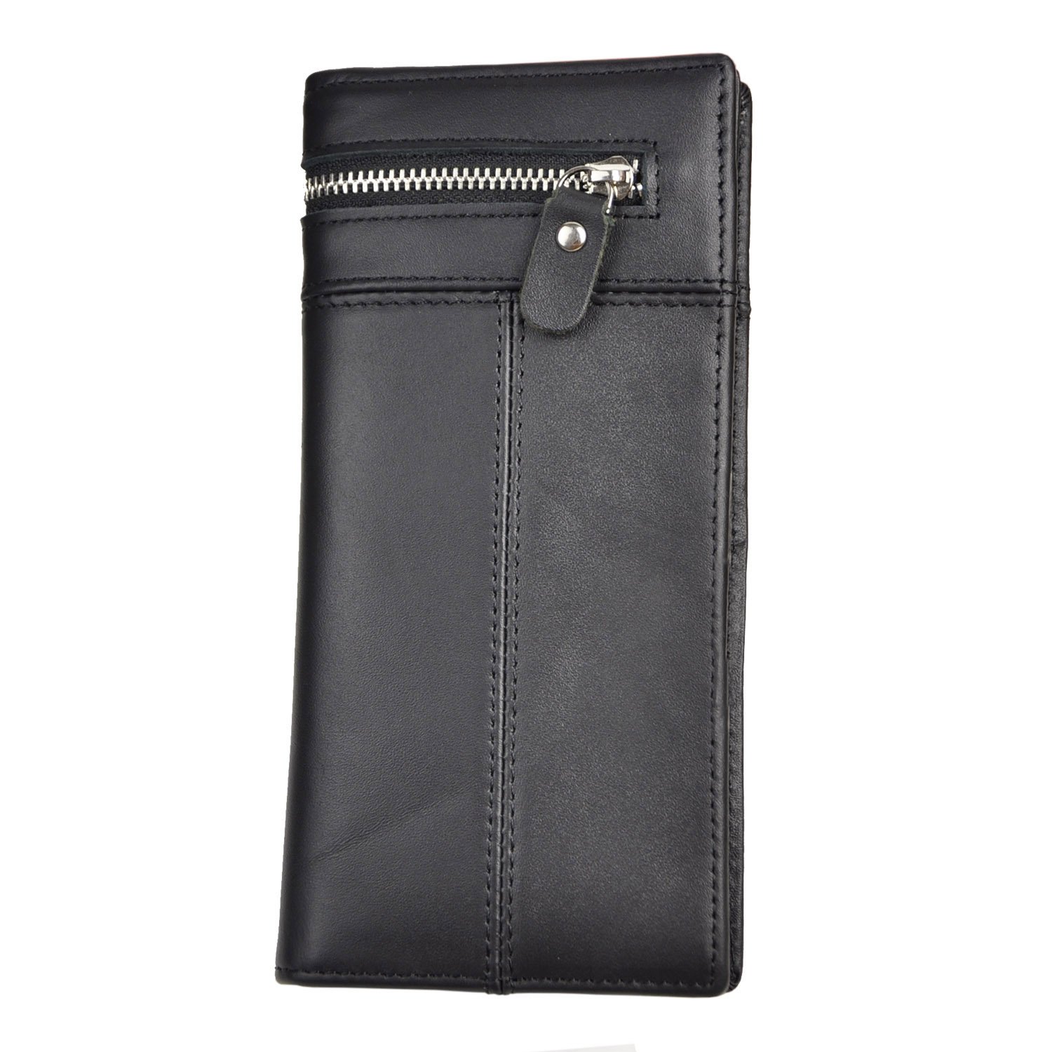 Le'aokuu Mens Leather Zipper Pocket Id Business Card Case Holder Organizer Wallet Phone Case Designer Bifold Checkbook Purse 1037 (1037 Black)