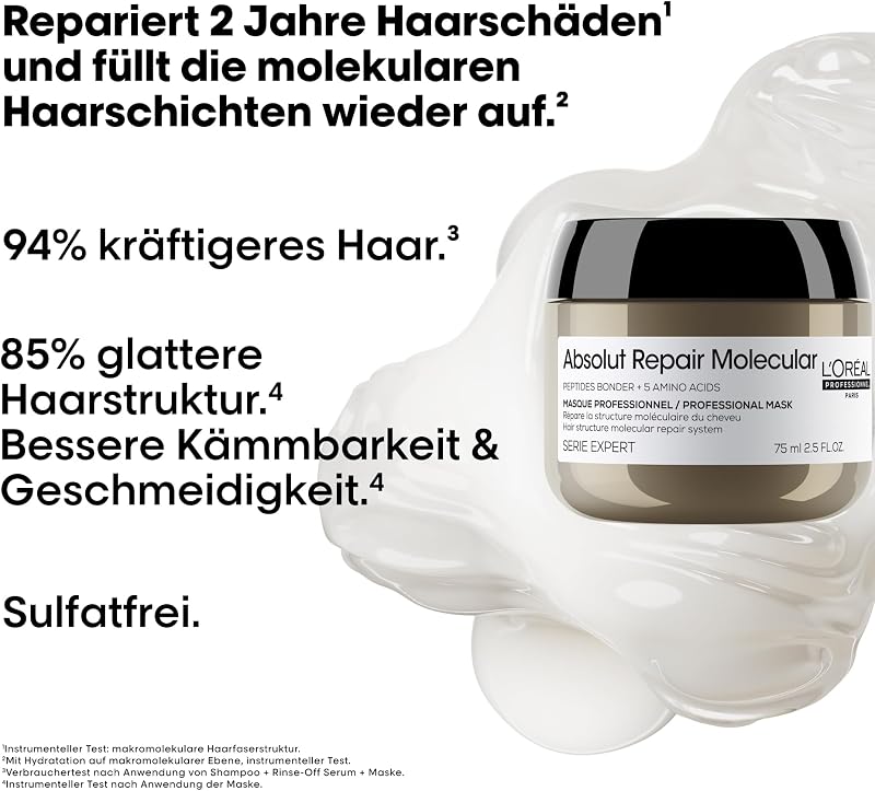 LOréal Professionnel Absolut Repair Molecular Professionelle konzentrierte Maske zur Reparatur von Haarschäden, für alle Arten von geschädigtem Haar, 75 ml