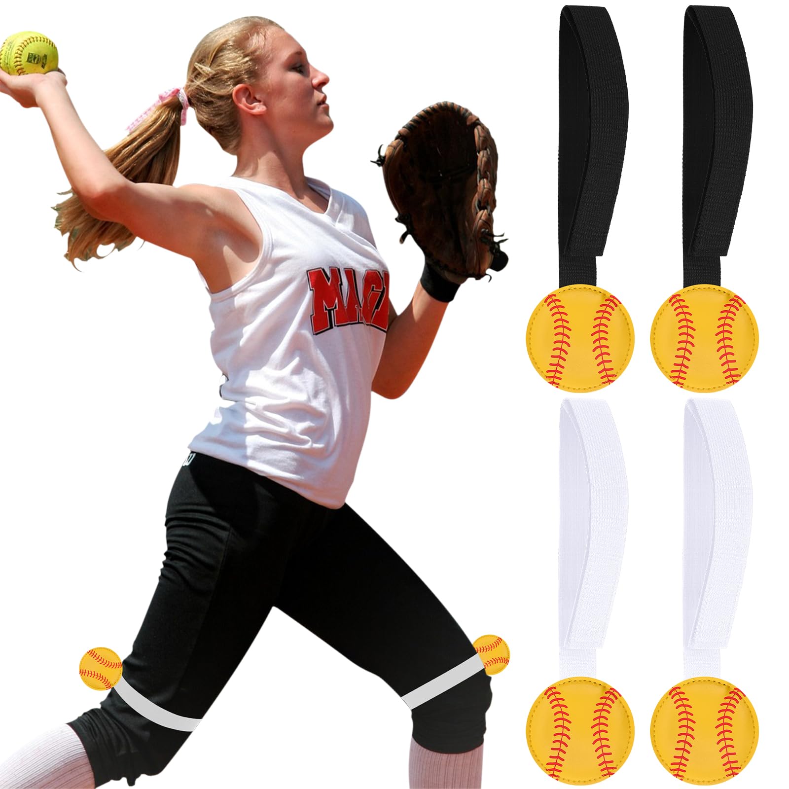 Photo 1 of Rotatingpals 4 Pcs Softball Pitching Training Aids Pitching Training Belt Circumference Pitching Bands Tools Training Equipment Pitching Leg Strap for Pitching Mechanics(Black?White)