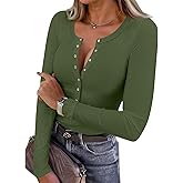 Long Sleeve Shirts for Women Henley Button Up Tops Ribbed Knit Slim Fit Fall Basic Tee 2025 Casual Trendy Clothes