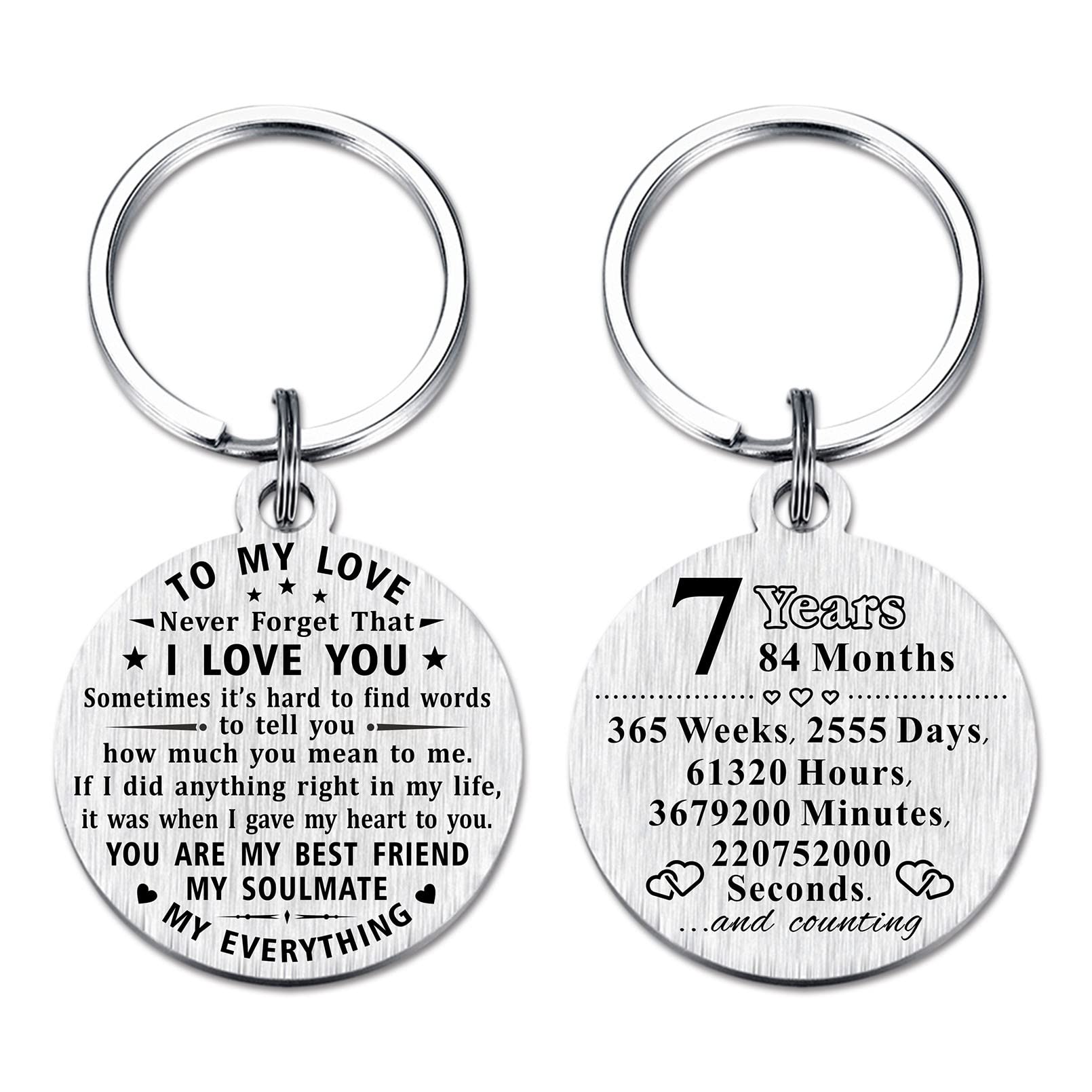 ABBNT 7 Year Anniversary Keychain Gifts - Steel Engraved 7th Wedding Anniversary Keepsake - Happy Seven Year Anniversary for Men Husband Women Wife