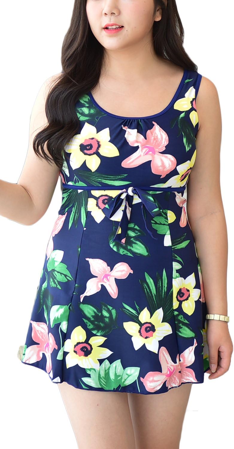Lemu Womens Retro Vintage One Piece Swimwear Floral Monokinis Plus Size US 8-10/Asia 4XL Sapphire Blue