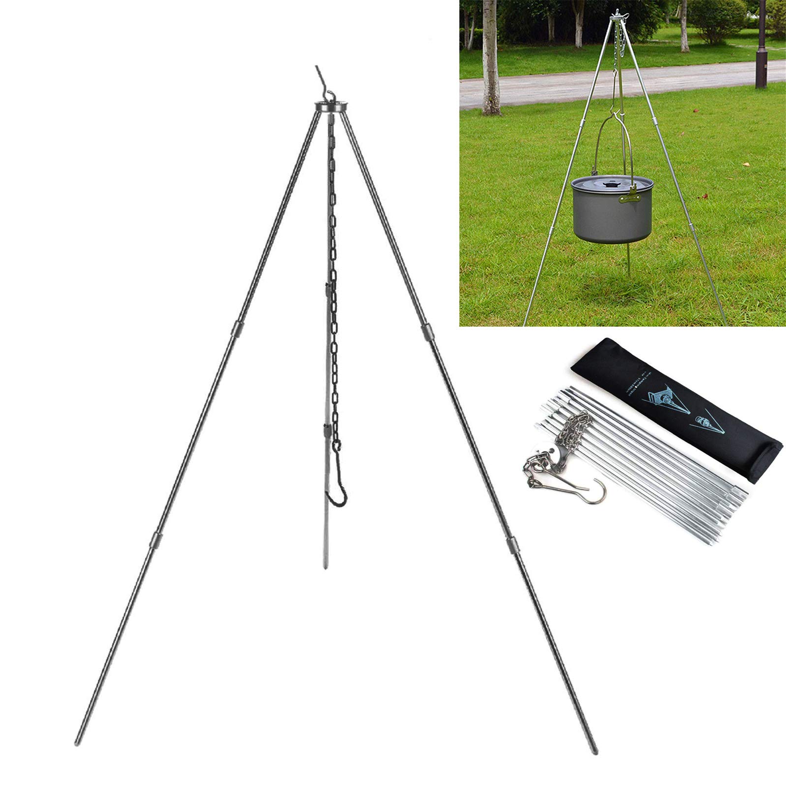 ConBlom Outdoor Cooking Tripod, Foldable Portable Grilling Tripod Set with Chain & Hook, BBQ Picnic Camping Dutch Oven Lantern Hanger with Storage Bag