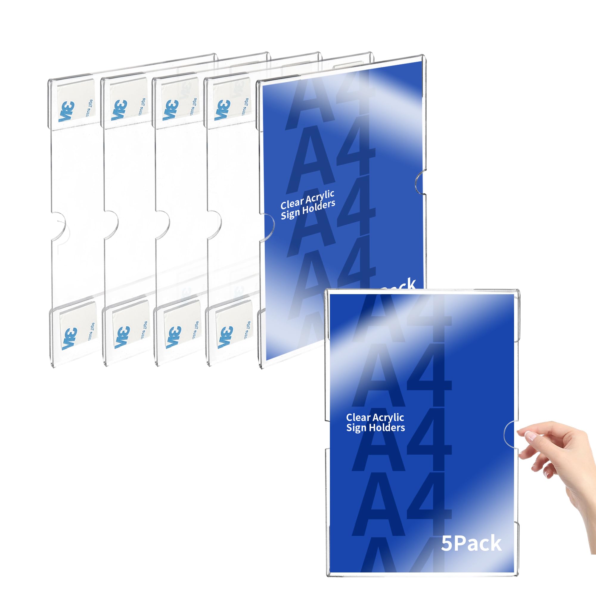 WeeGoo 5 Pack Acrylic Sign Holder A4 Clear Wall Mount Sign Holders Vertical, Wall Sign Memo Document Menu Holder with Tape, Crack & Scratch Resistant, No Drilling Required