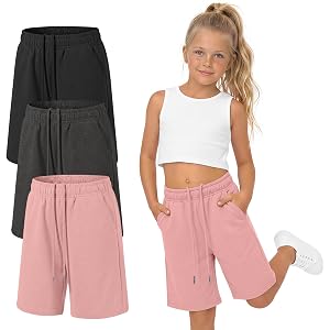 Yooo's Vivi 3 Pack Girls Athletic Shorts | Bermuda Length, Baggy Fit, Summer Active Running, Drawstring Waist, Pockets, Youth