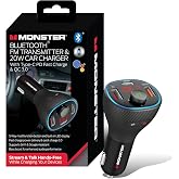 Monster Bluetooth FM Transmitter for Car Cigarette Lighter with 20W QC3.0 USB A &amp; USB C PD Charger, Bass Boost Button, Flash Drive Port, Google Voice &amp; Siri Compatible, Hands-Free Calls, Microphone