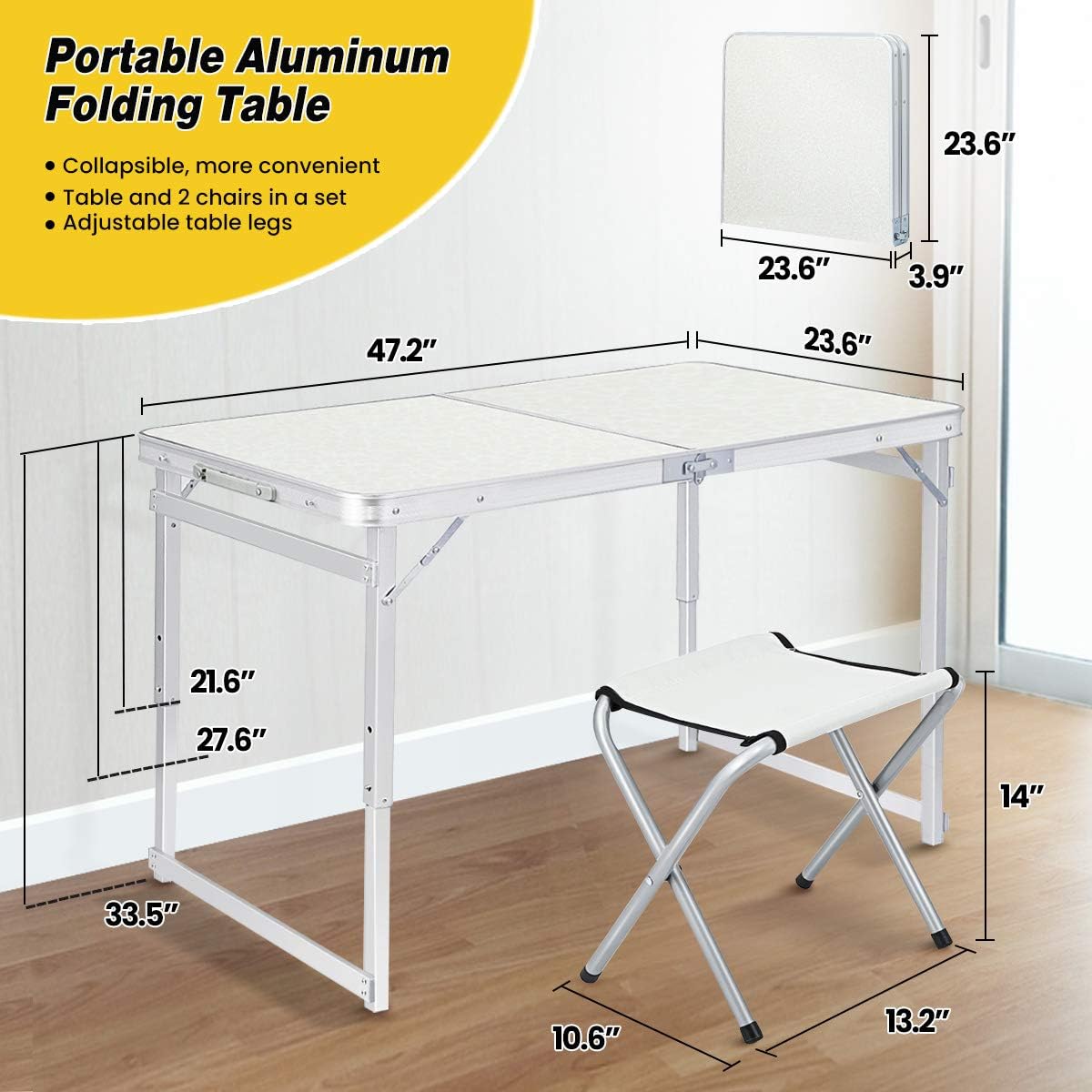 TOOCA Folding Table 4ft Aluminum Folding Camping Table Portable Picnic Table with 2 Chairs, Heights Adjustable Legs Collapsible Table for Indoor Outdoor, Picnic, Camping, Party and BBQ : Garden & Outdoor