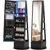 Vlsrka Mirror Jewelry Cabinet Standing with Lights, Lockable, Swivel, Black | Standing Jewelry Armoire with Full Length Mirror, Large Jewelry Organizer Storage with Foldable Makeup Shelf, 3 LED Lights