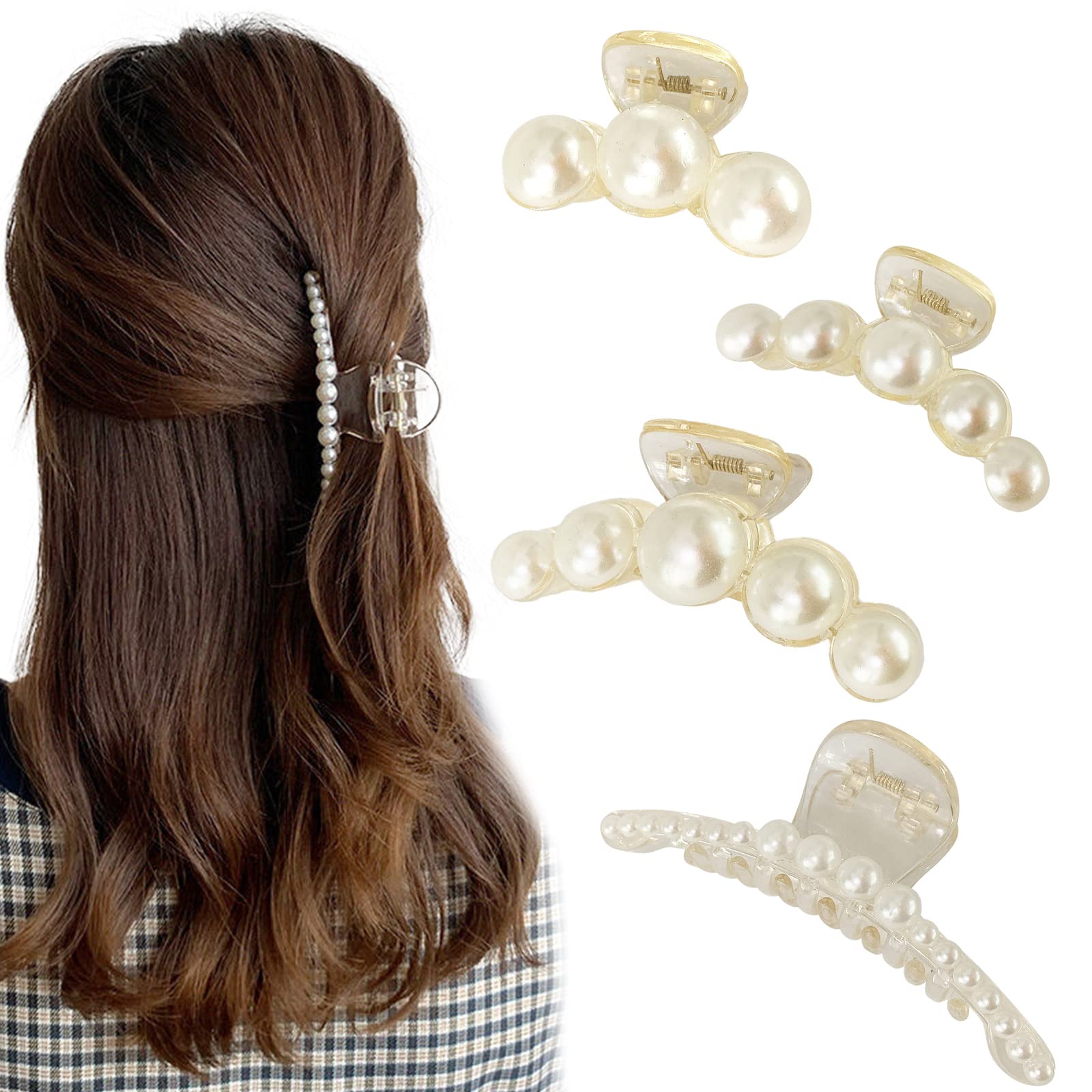 VEGCOO 4 PCS Large Pearl Hair Claw Clips, Non-slip Strong Hold Jaw Clamp, Styling Accessories for Women and Girls With Thick or Thin Hair