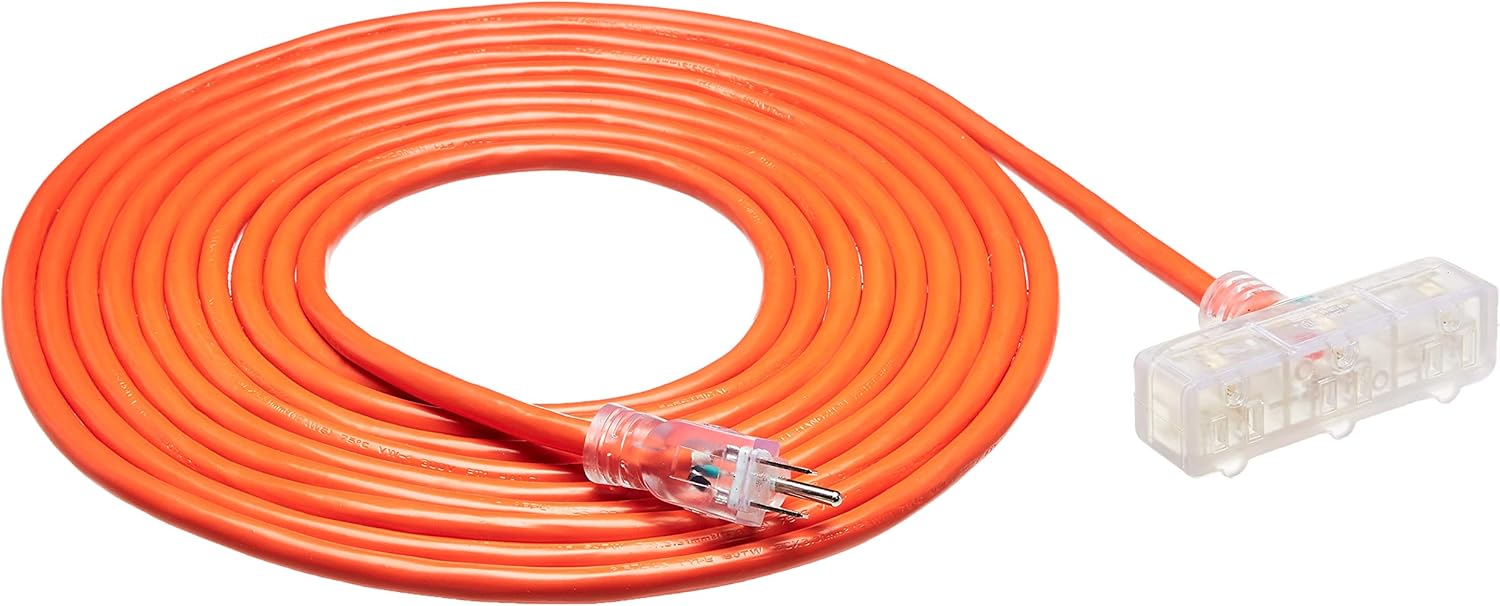 AmazonBasics Outdoor Extension Cord with Lighted 3 Outlets, Orange, 25 Foot