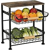 ULIKEUS 3-Layer Fruit Basket Kitchen Food Organizer and Rack Rolling Pantry Kitchen Cart On Wheels with Wood Top Table,Pull-Out Hollow Metal Basket for Sorting Spice Snacks Vegetables,Black